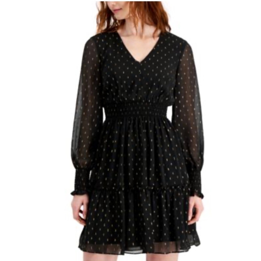Taylor Black Gold Metallic Clip Dot Smocked Waist Tiered‎ Mini Dress 10